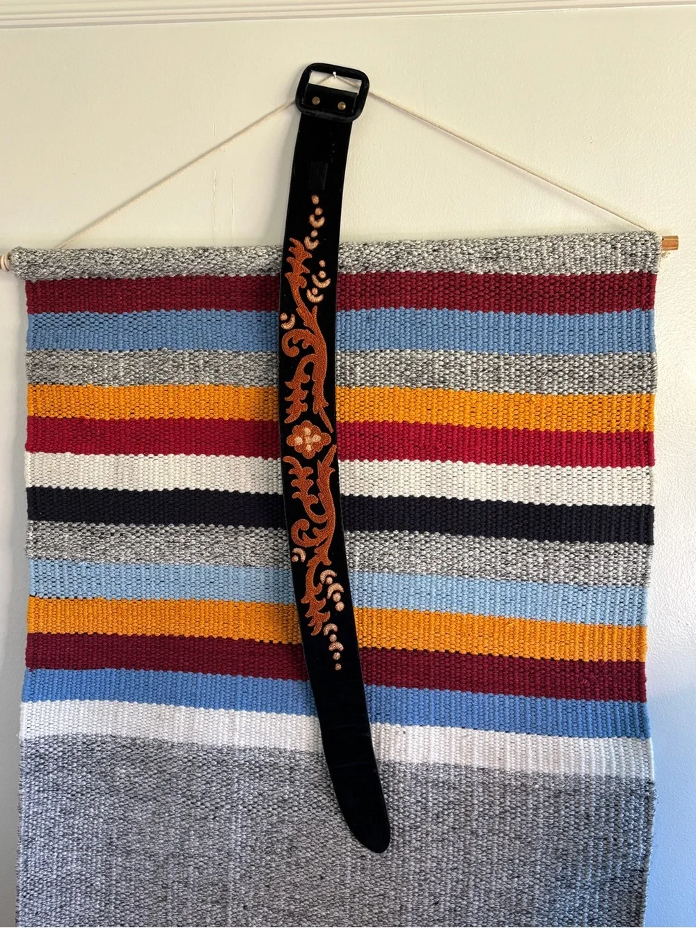 Vintage Black Belt with Orange Embroidered Floral Design